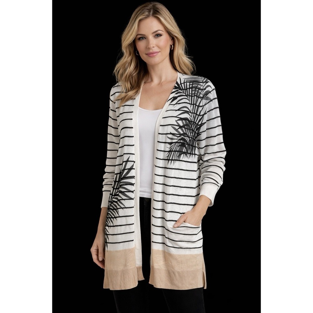 Women Striped Palm Print Duster L Cardigan Open Front Coastal Resort Beach Light